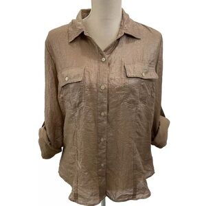 Calvin Klein Crushed Shiny Satin Button Blouse LARGE Roll-Tab Sleeve Party Shirt
